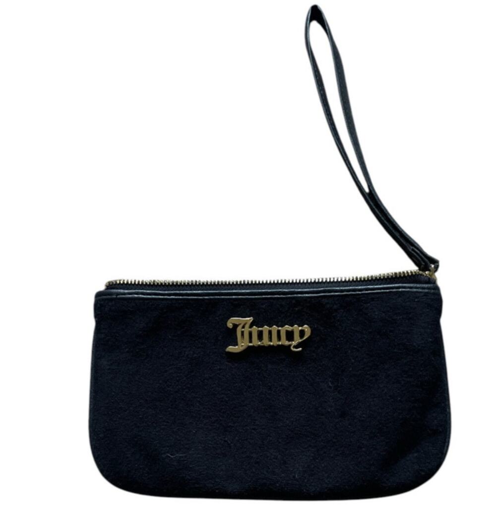Juicy Couture Small Black Wristlet Terry Cloth Modern Y2K Retro Vibe JC Clutch